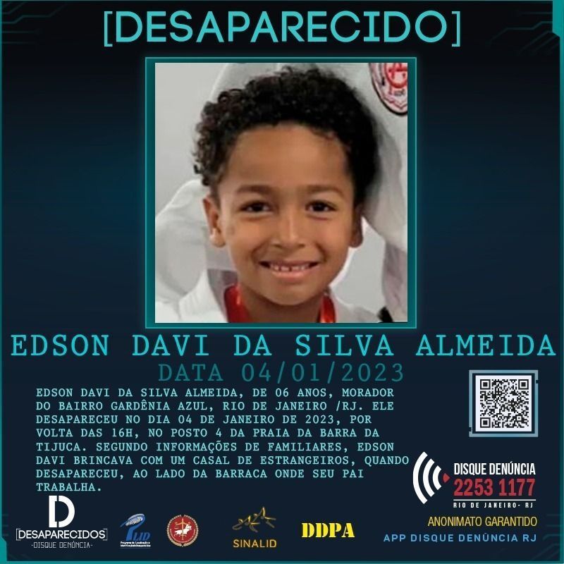 Polícia Civil investiga se o menino desaparecido na Barra da Tijuca / Divulgação