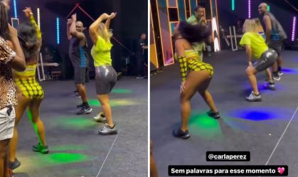 Carla Perez surpreende os fãs e dança em show do "É o Tchan"; assista