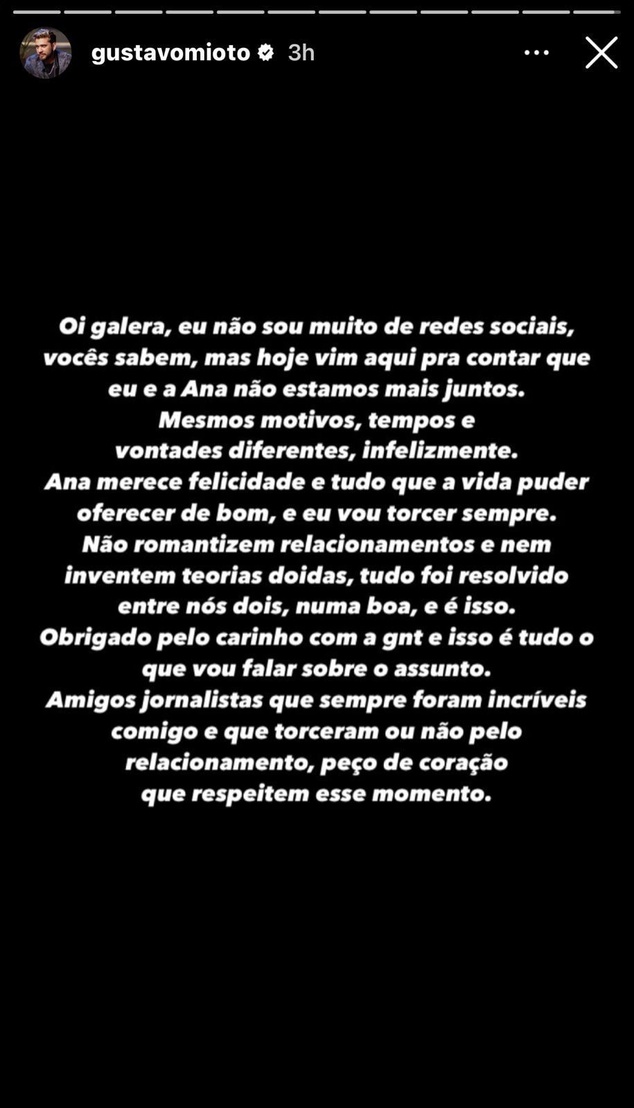 Gustavo Mioto se manifestou nas redes sociais sobre término com Ana Castela / Reprodução/Instagram