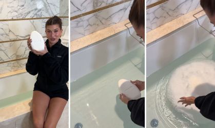 Hailey Bieber mostrando novo produto de beleza