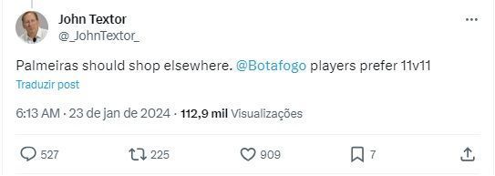 John Textor provocou o Palmeiras nas redes sociais / Reprodução/Twitter