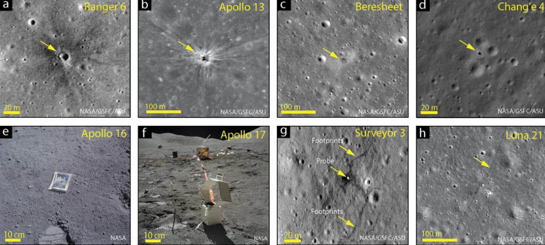 A humanidade deixou sua marca na Lua de várias maneiras, incluindo crateras de impacto deixadas por espaçonaves, rastros de veículos lunares, pegadas de astronautas, experimentos científicos e até fotos de família trazidas por astronautas / Reprodução/NASA/GSFC/ASU