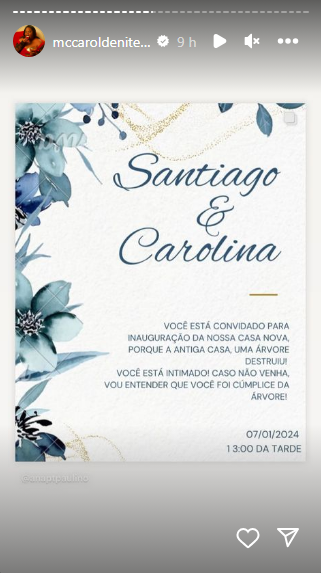 Convite para o "casamento surpresa" de MC Carol. / Reprodução/ Instagram