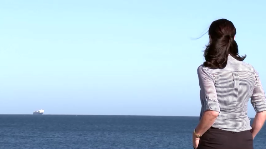 Rebecca Tapp, da organização Stop Live Exports, observa navio à deriva com cerca de 16 mil animais / Reprodução/Corporação de Transmissão Australiana