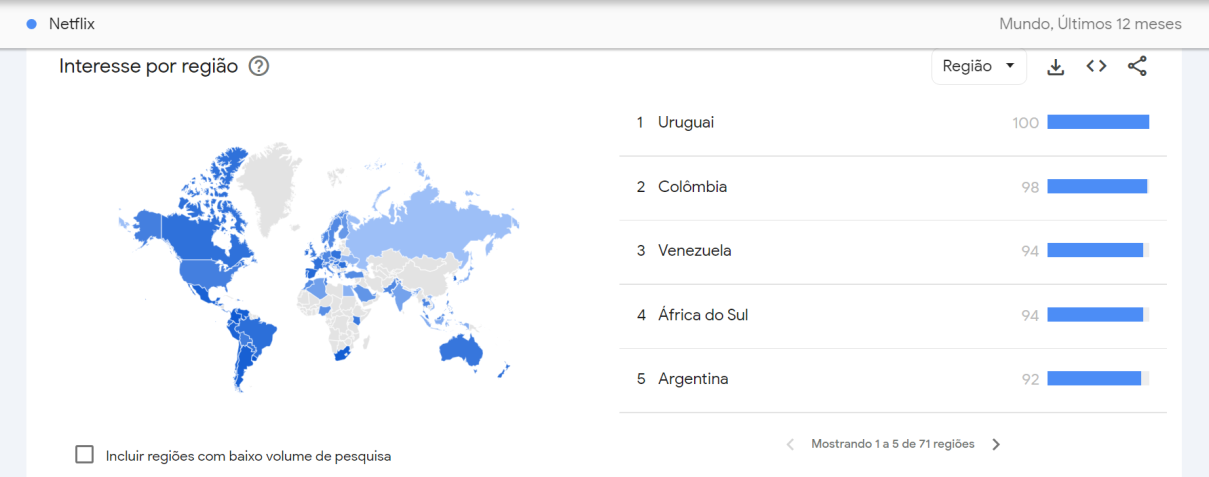 Países que mais buscaram sobre Netflix nos últimos 12 meses / Google Trends