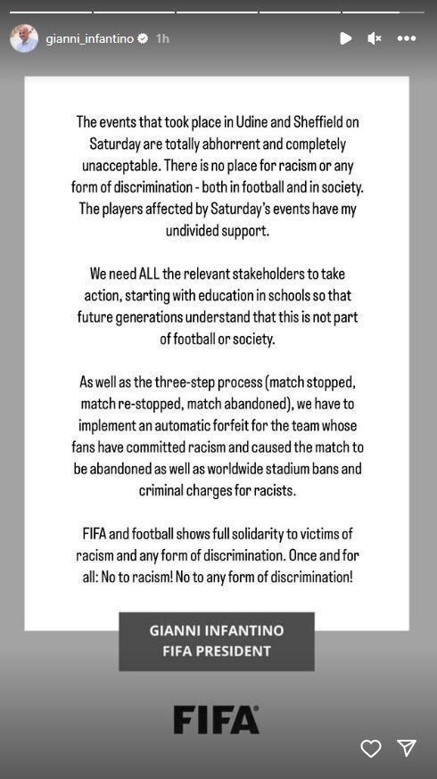 Gianni Infantino defende derrota automática em casos de racismo no futebol / Reprodução/Instagram