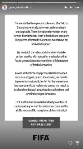Gianni Infantino defende derrota automática em casos de racismo no futebol / Reprodução/Instagram