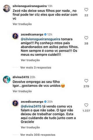Zezé interagiu com seguidores e respondeu comentário dos internautas / Reprodução/Instagram