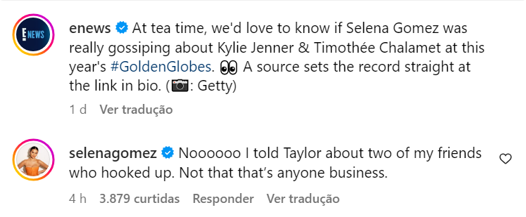 Selena Gomez esclarece rumores sobre o que seria a fofoca contada por ela no Globo de Ouro / Reprodução/ Instagram