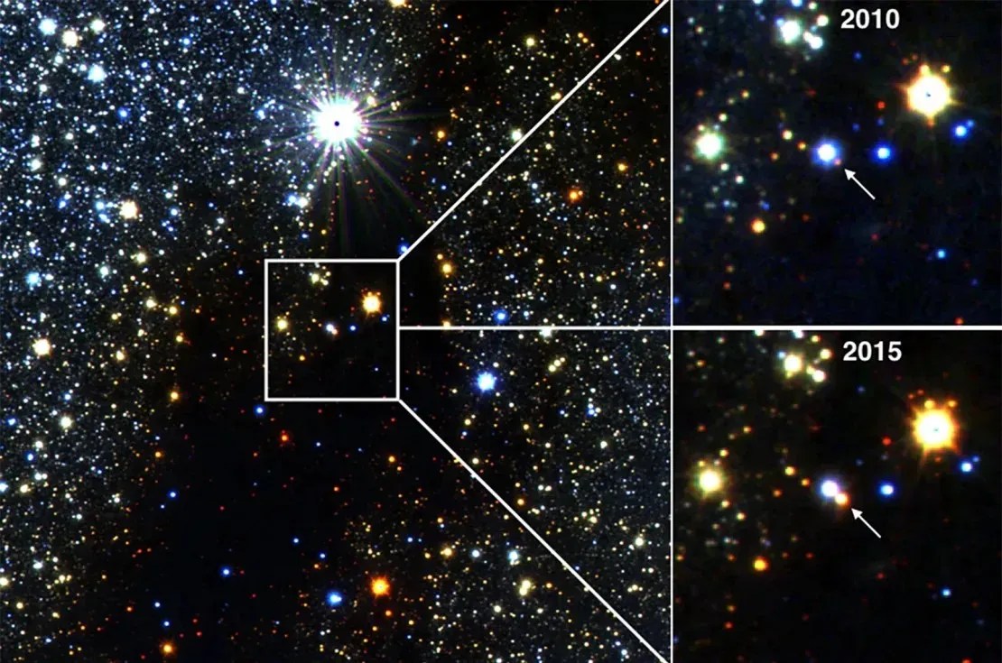 Os astrônomos usaram um telescópio infravermelho para observar uma estrela que aumentou gradualmente o seu brilho 40 vezes ao longo de dois anos e que permanece brilhante desde 2015. / Philip Lucas/Universidade de Hertfordshire