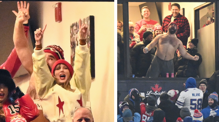 Taylor Swift e Jason Kelce no jogo do Kansas City Chiefs no último domingo (21) • Kathryn Riley/Getty Images
