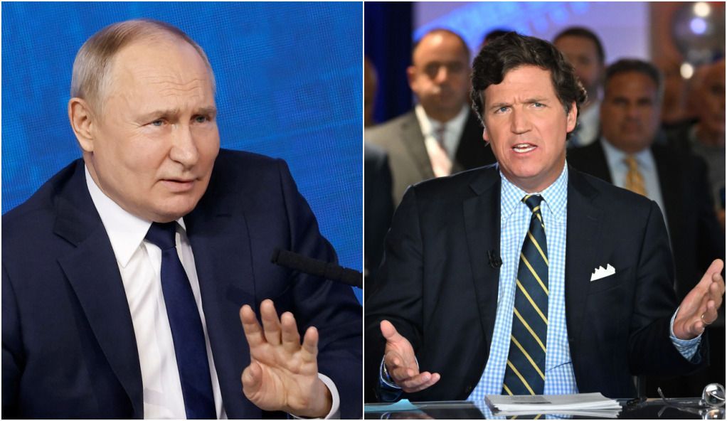 O presidente russo Vladimir Putin e o âncora americano Tucker Carlson.