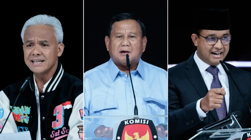 Candidatos presidenciais da Indonésia em 2024, Ganjar Pranowo (e), Prabowo Subianto e Anies Baswedan (d) / Getty Images