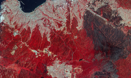 5 de fevereiro: Imagem de satélite editada com a técnica de "Falsa Cor" para mostrar os incêndios florestais na região de Viña del Mar, no Chile