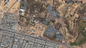 Imagens de satélite mostra expansão de &quot;cidade de tendas&quot; onde mais de 1 milhão de palestinos deslocados pela guerra se concentram em Rafah, no sul de Gaza.