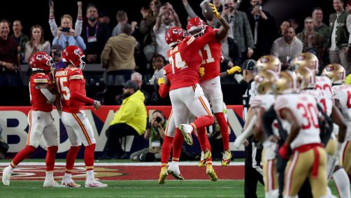 Marquez Valdes-Scantling comemora touchdown do Kansas City Chiefs