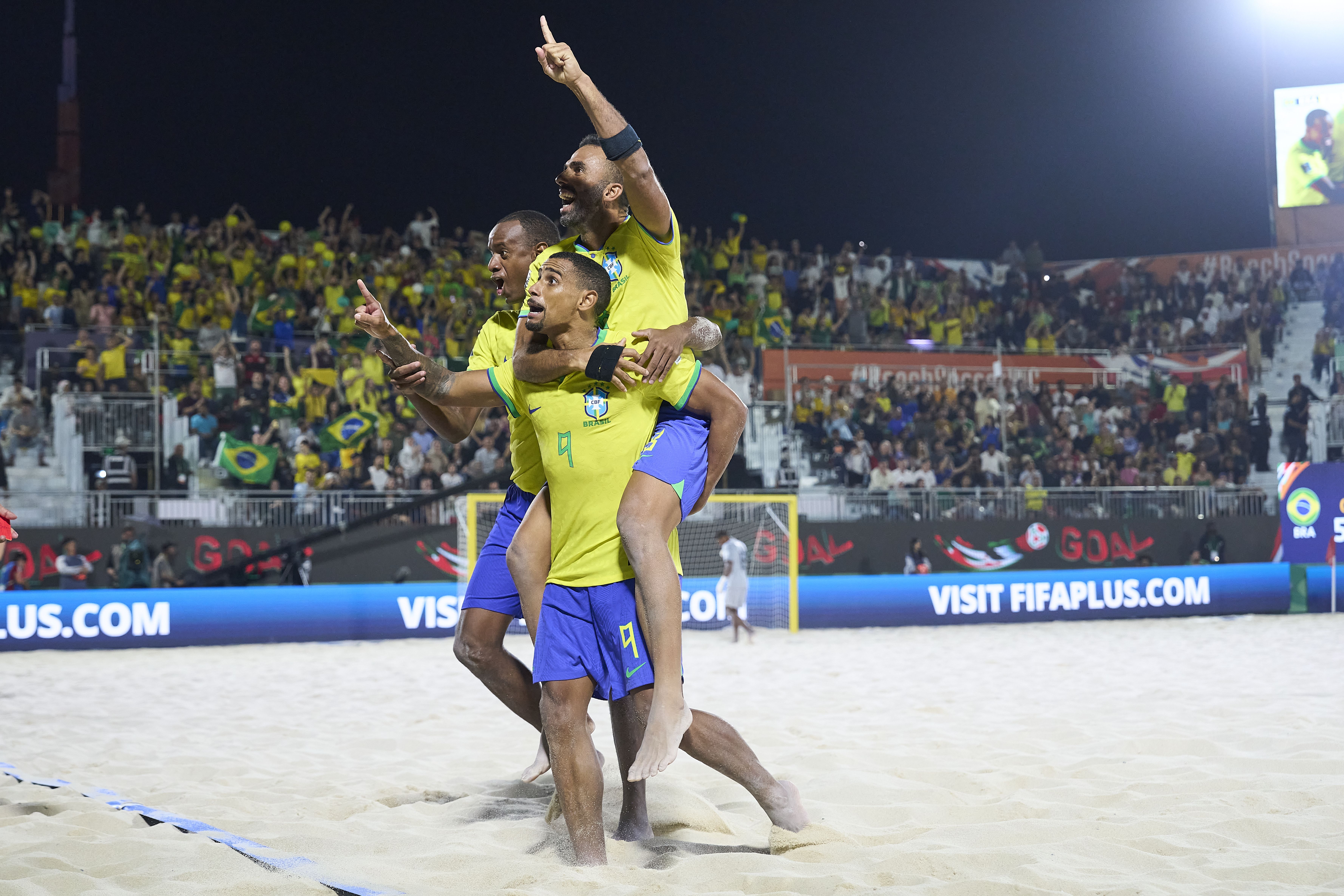 DUBAI, UNITED ARAB EMIRATES - FEBRUARY 25: Rodrigo of Brazil celebrates after scoring goal with Bruno Xavier of Brazil during the FIFA Beach Soccer World Cup UAE 2024 Final match between Brazil and Italy at Dubai Design District Stadium on February 25, 2024 in Dubai, United Arab Emirates. (Photo by Aitor Alcalde - FIFA/FIFA via Getty Images) /