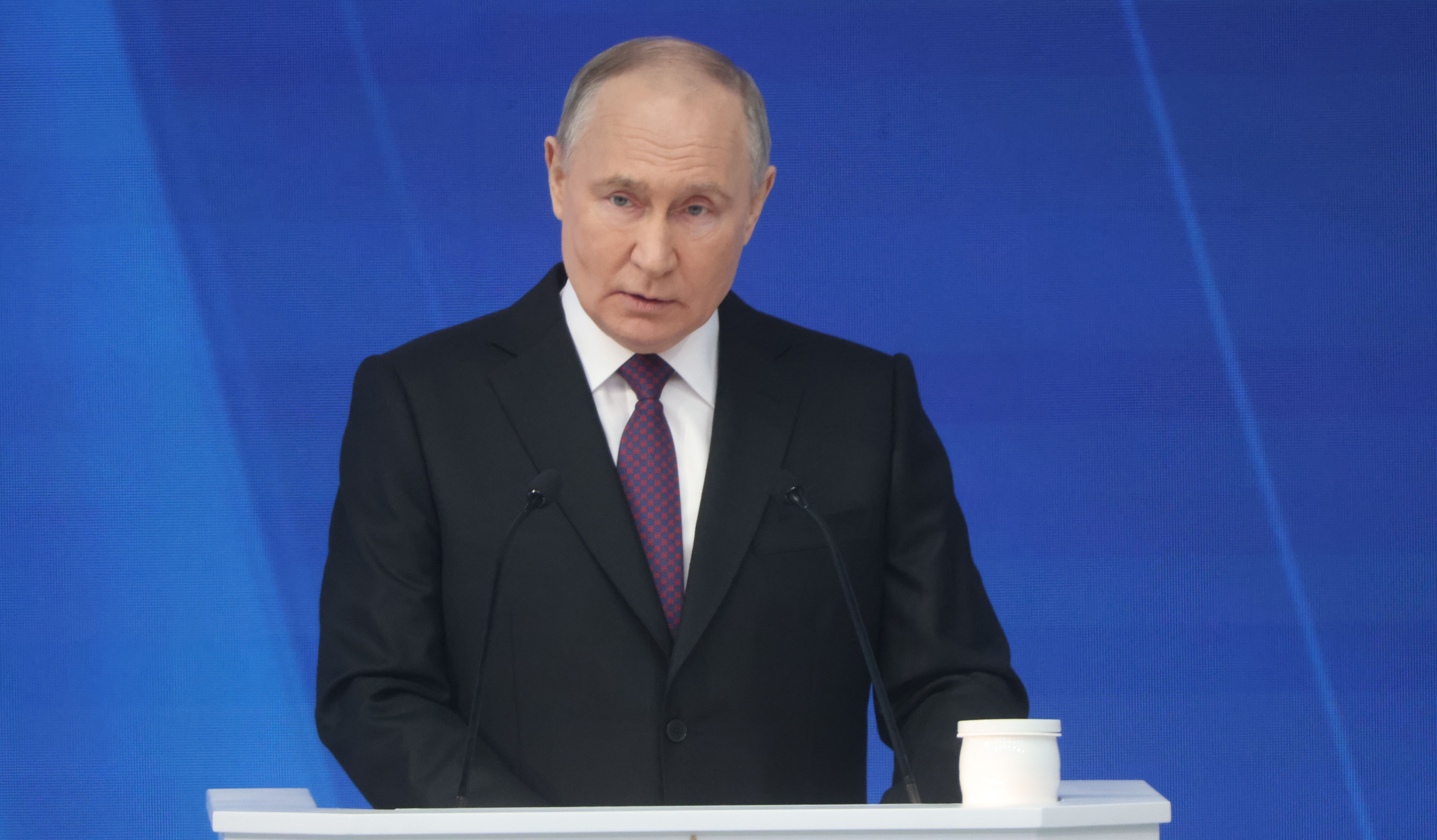 Presidente russo Vladimir Putin em seu discurso anual no Parlamento, em 29 de fevereiro de 2024, Moscou, Rússia.
