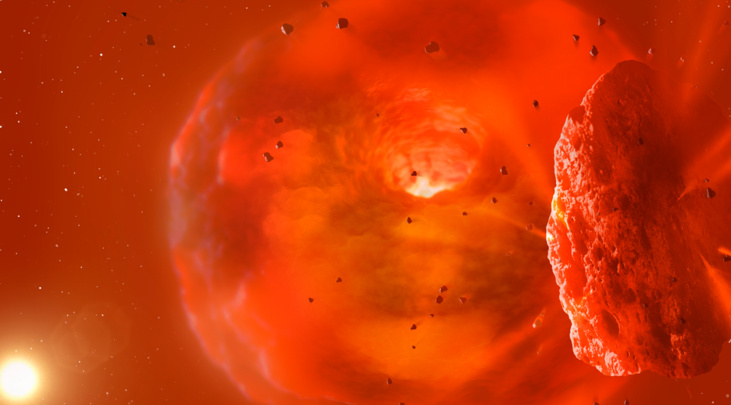 Ilustração mostra consequências de uma colisão entre dois exoplanetas gigantes; o que resta é um núcleo planetário quente e derretido e uma nuvem rodopiante e brilhante de poeira e detritos