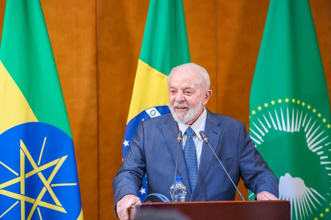 Presidente Lula em coletiva de encerramento da viagem à Etiópia, em 18 de fevereiro de 2024.