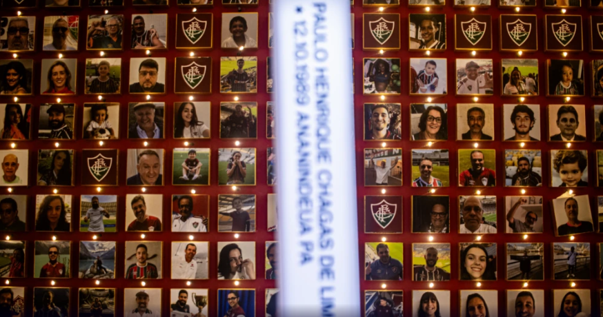 Mural com fotos de torcedores no novo Museu do Fluminense / Reprodução / Fluminense