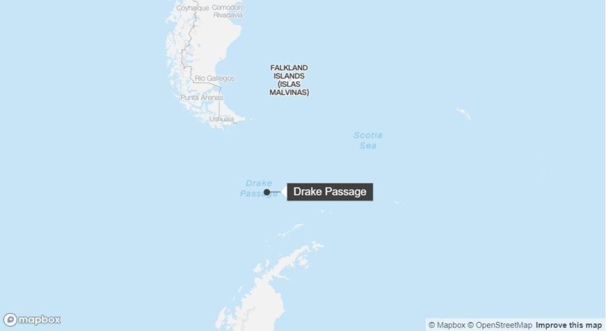 Localização da Passagem de Drake, entre a América do Sul e a Península Antártica / Reprodução/CNN