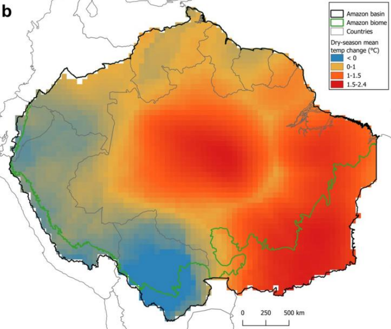 Mapa mostra mudança na temperatura média da estação seca em 2050. / Reprodução: Revista Nature
