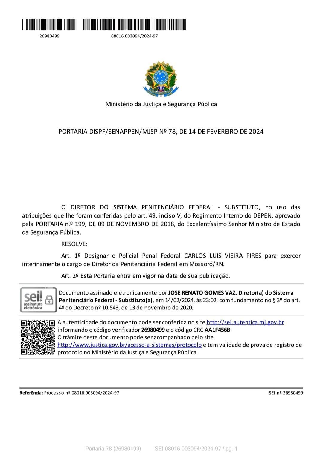 Nomeação de interventor foi publicada no Diário Oficial / Reprodução