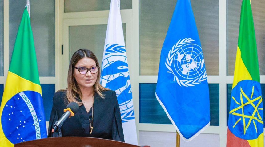 A primeira-dama Janja Lula da Silva participou neste sábado (17) de uma cerimônia de entrega de doações do Brasil para a Agência da ONU para Refugiados (ACNUR) / Divulgação