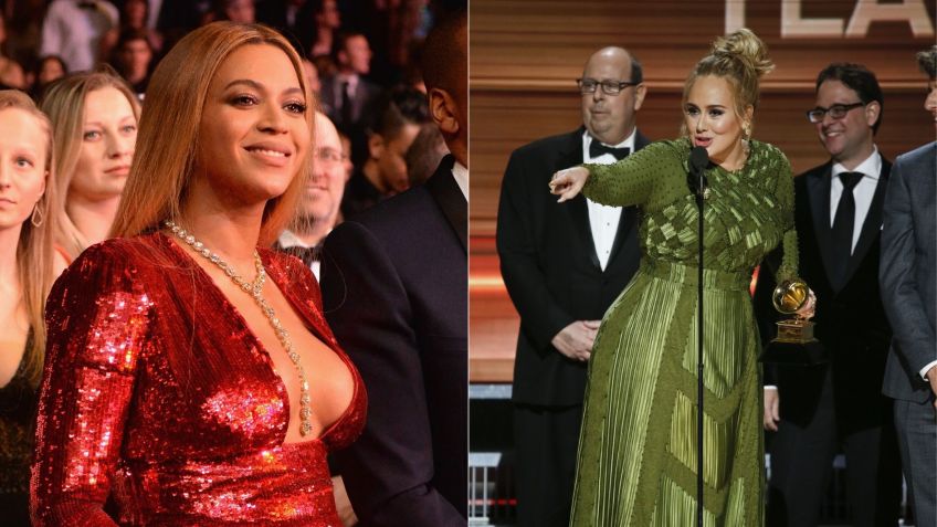 Adele dedica o prêmio de Álbum do Ano à Beyoncé durante o Grammy 2017. / Kevin Mazur/Getty Images for NARAS e Monty Brinton/CBS via Getty Images