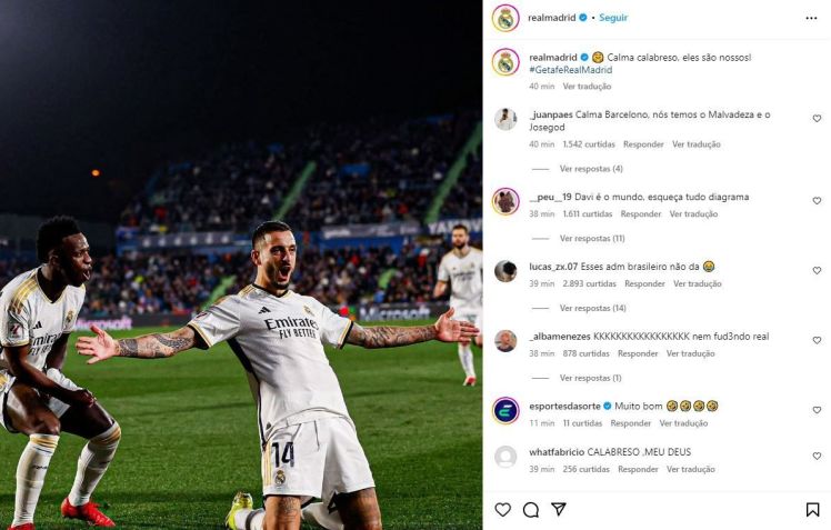 Publicação do Real Madrid com "calma, calabreso" / Reprodução/Instagram Real Madrid