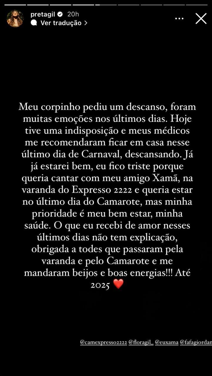 Preta Gil cancelou suas últimas apresentações do Carnaval de 2024 / Reprodução/Instagram