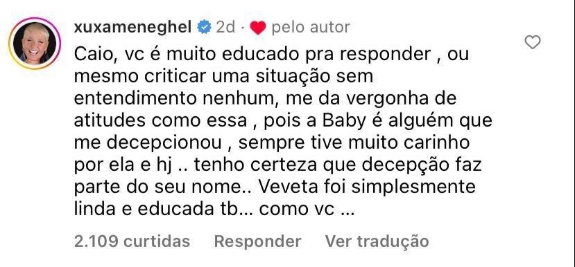Comentário de Xuxa na publicação do reverendo Caio Fábio D’Araújo Filho sobre polêmica entre Baby do Brasil e Ivete Sangalo / Instagram/Reprodução