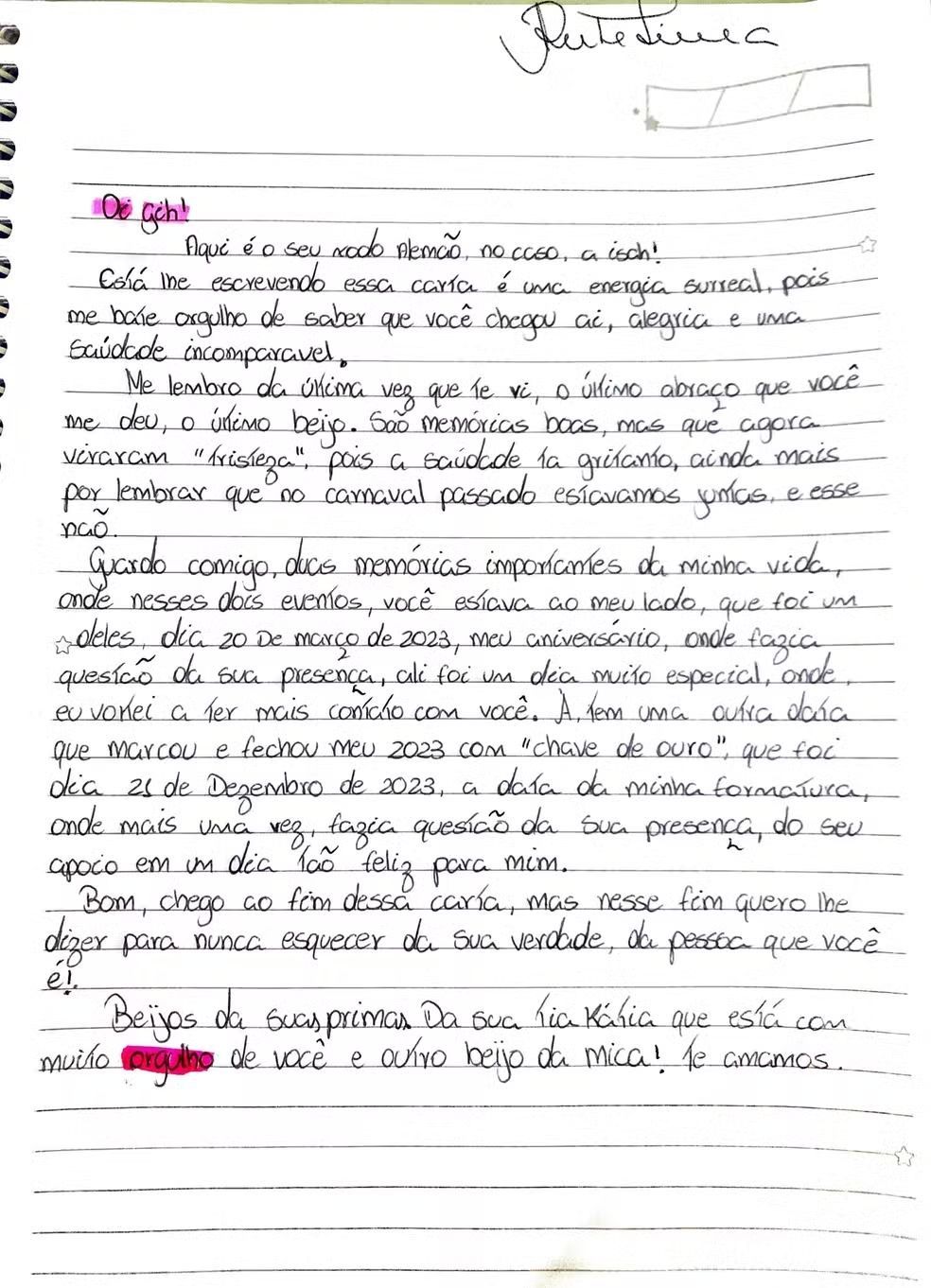 Carta da família para Giovanna no BBB24 / Globo