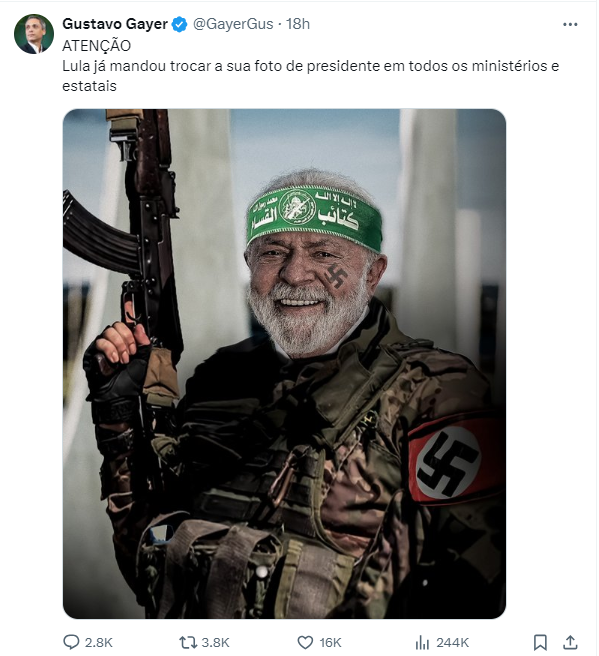 Postagem do deputado Gustavo Gayer contra o presidente Luiz Inácio Lula da Silva / Reprodução/Twitter
