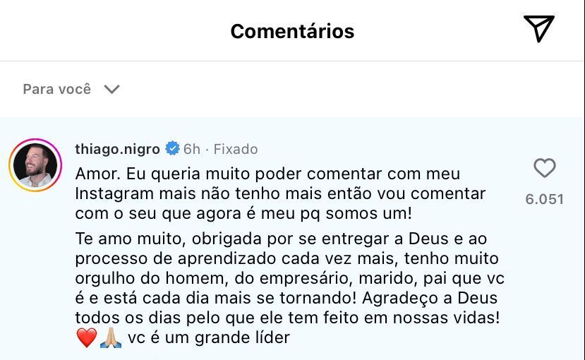Comentário de Maíra Cardi em post de Thiago Nigro / Reprodução/Thiago Nigro/Instagram