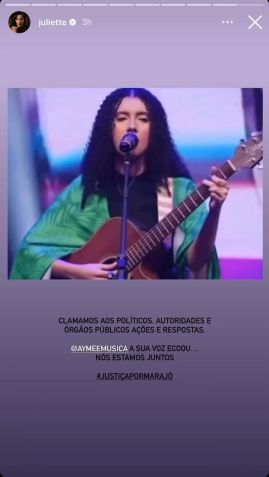 Juliette pediu "Justiça por Marajó" em suas redes sociais, nesta quinta (22) / Reprodução/Instagram