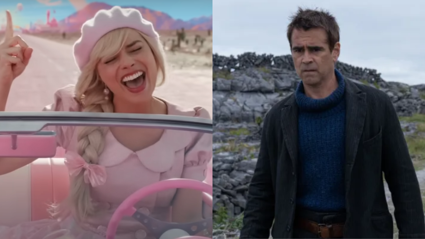 Margot Robbie em "Barbie" e Colin Farrell em “Os Banshees de Inisherin”