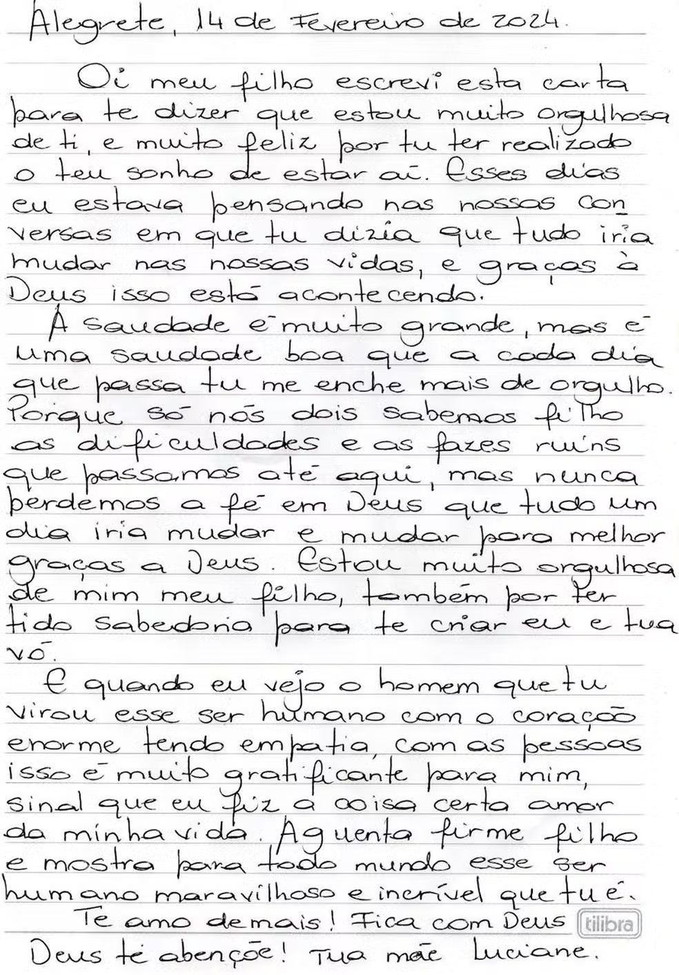 Carta da família para Matteus no BBB24 / Globo