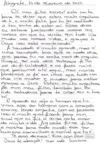 Carta da família para Matteus no BBB24 / Globo