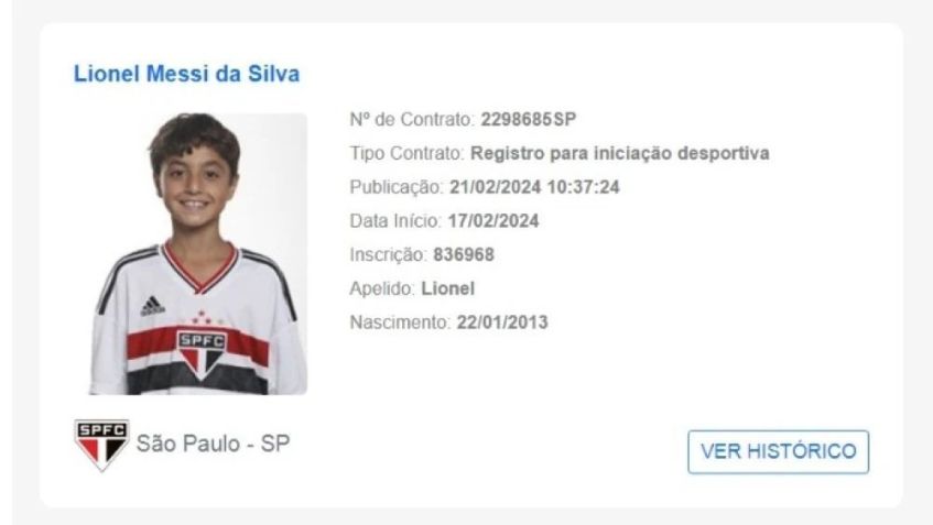 Renovação de contrato de Lionel Messi da Silva com o São Paulo é registrada no BID da CBF / Reprodução