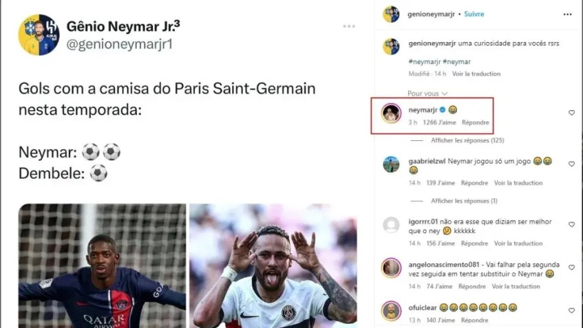 Neymar deixou comentário em post com comparação a Dembélé / Reprodução/Instagram/Genioneymarjr1