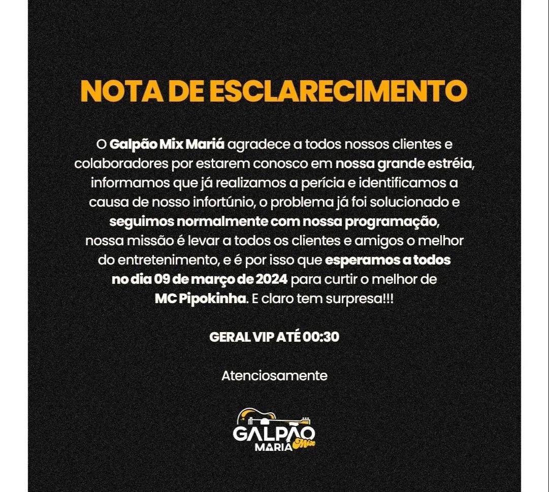 Casa de shows se pronuncia sobre princípio de incêndio / Reprodução/Galpão Mix Mariá/Instagram