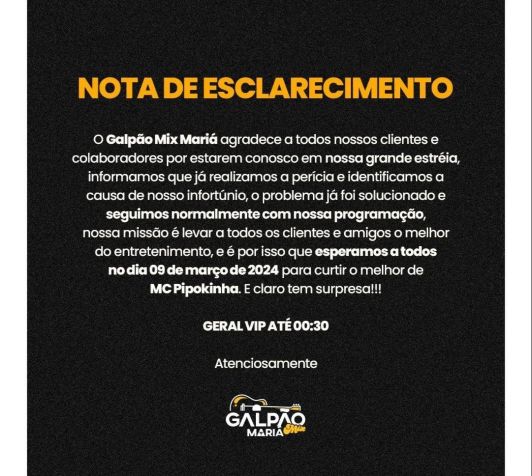 Casa de shows se pronuncia sobre princípio de incêndio / Reprodução/Galpão Mix Mariá/Instagram