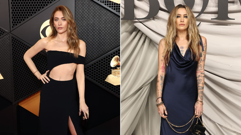 Paris Jackson era uma tela em branco no tapete vermelho depois que seus maquiadores passaram duas horas camuflando suas 80 tatuagens, mostradas à direita / Getty Images