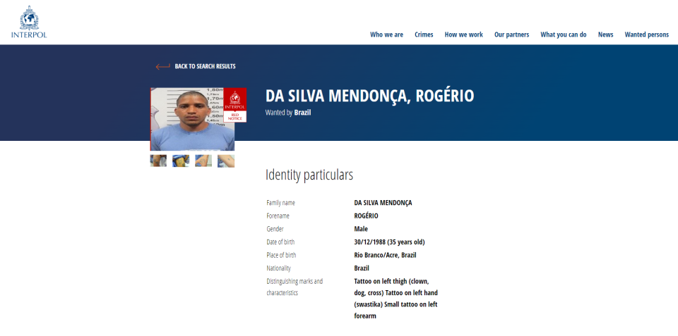 Rogério Mendonça, fugitivo de Mossoró, aparece na lista vermelha da Interpol / Reprodução/Interpol