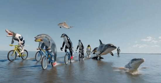 Sora criou "uma corrida de bicicleta no oceano com diferentes animais como atletas andando de bicicleta com visão de câmera drone" à pedido de um usuário