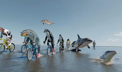 Sora criou "uma corrida de bicicleta no oceano com diferentes animais como atletas andando de bicicleta com visão de câmera drone" à pedido de um usuário