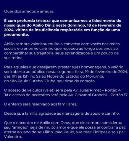 Informações sobre velório de Abilio Diniz / Reprodução