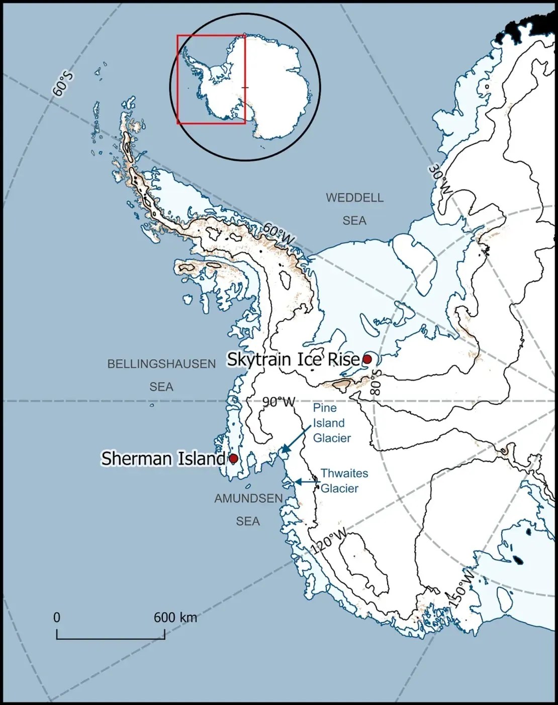 Mapa mostra a localização do Skytrain Ice Rise, parte da plataforma de gelo Ronne, na Antártica, de onde o núcleo de gelo foi retirado / University of Cambridge/British Antarctic Survey